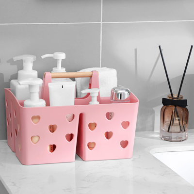 Portable Shower Caddy Plastic Basket With Wood Handle Divided Shower Tote Storage Organizer With Compartments For Bathroom, College Dorm, Kitchen, Bedroom