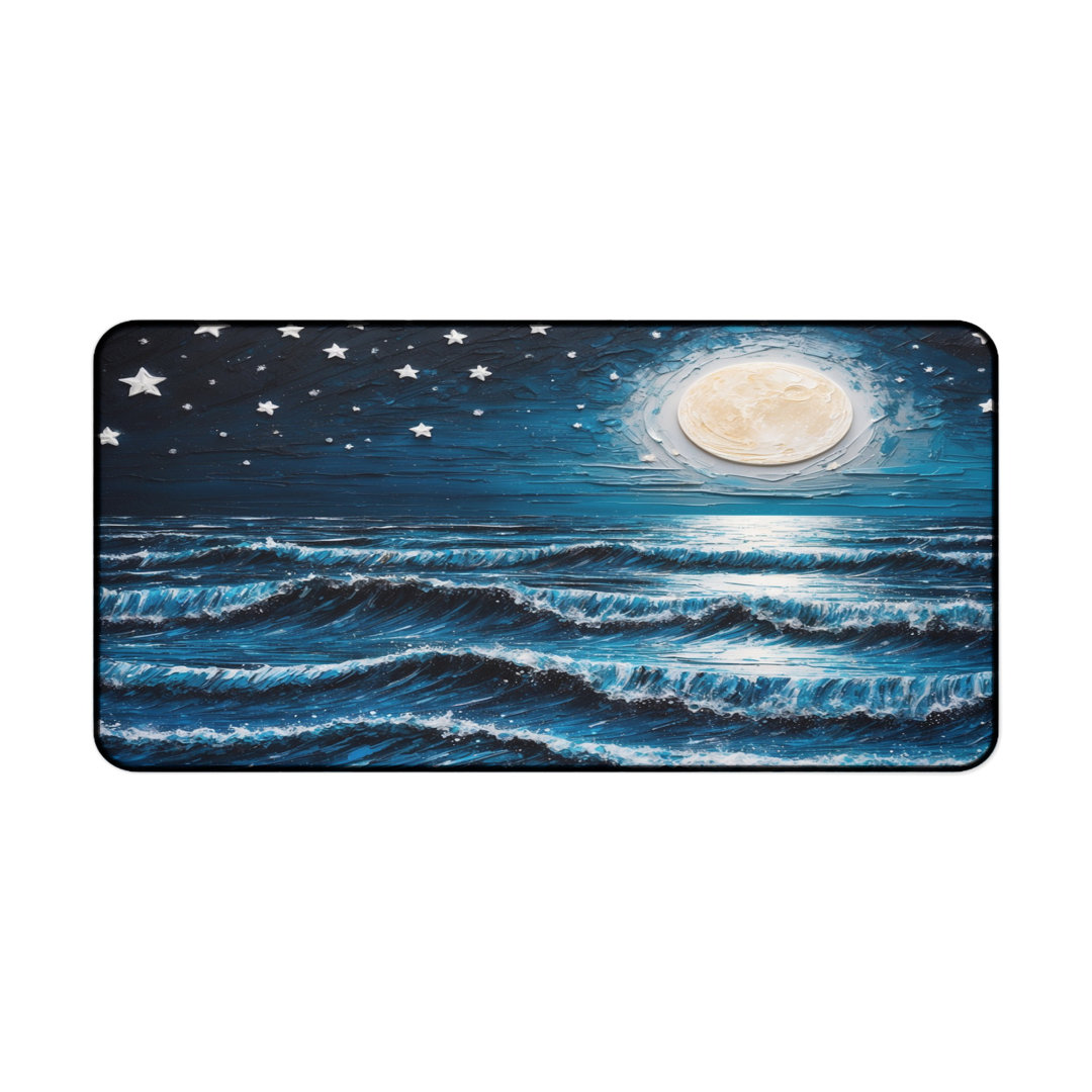Moonlit Ocean Waves Desk Mat, Starry Sky, Deep Blue Textured Impasto Art, Cosmic Sea, Celestial Aesthetic, Ocean Lover Decor