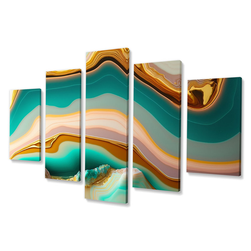 Liquide, agate bleue et turquoise, agate I, formes abstraites sur toile, 5 panneaux