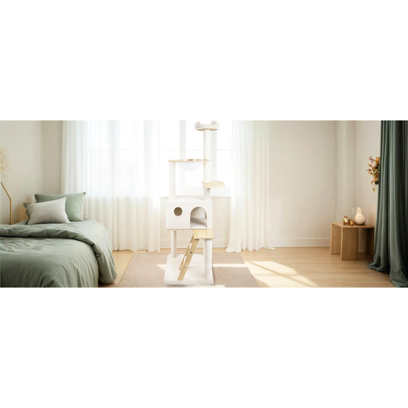 Tour pour chat en bois de 165 cm avec grand vaisseau spatial transparent - stable pour les propriétaires, couverture épaisse de 400 g / m, arbre à griffes amélioré, animaux robustes de 20 lb, tout confort