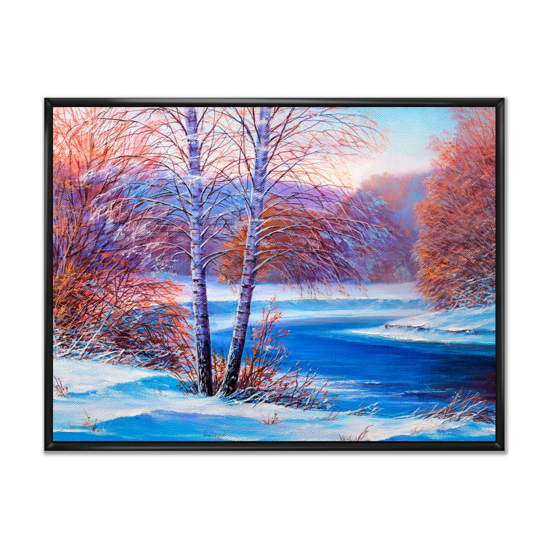«River In Sunset Winter Forest II», reproduction sur toile flottante, H 16 po x l 32 po x P 1 po, Cadre flottant noir