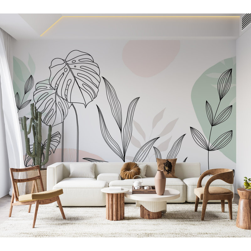 Murale botanique pelez et collez - Feuilles dans des tons pastels, L 100 po x l 135 po