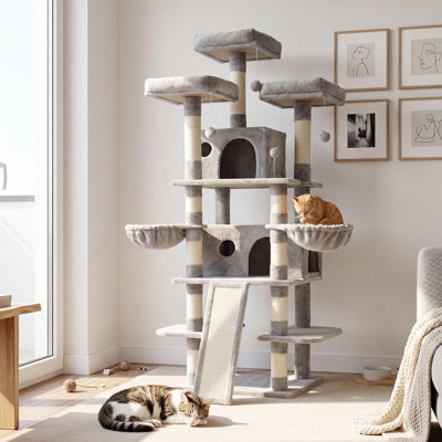 Arbre à chat 68 po à plusieurs niveaux avec condos, poteaux à griffer et paniers suspendus, conception anti-basculement