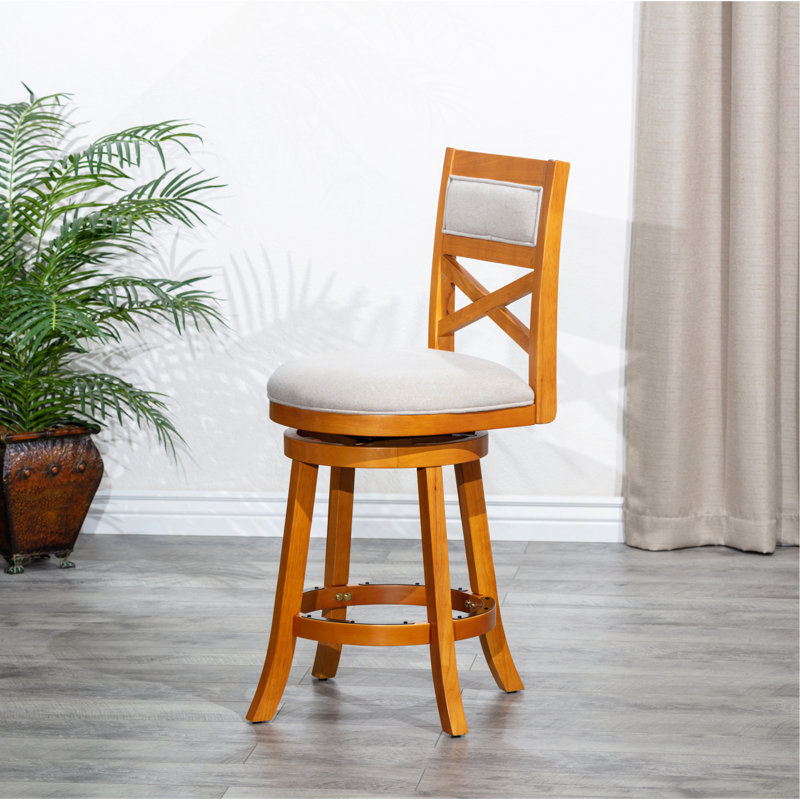 30" Bar Height X-Back Swivel Stool, Natural Finish, Beige Fabric Seat, Beige, Orange