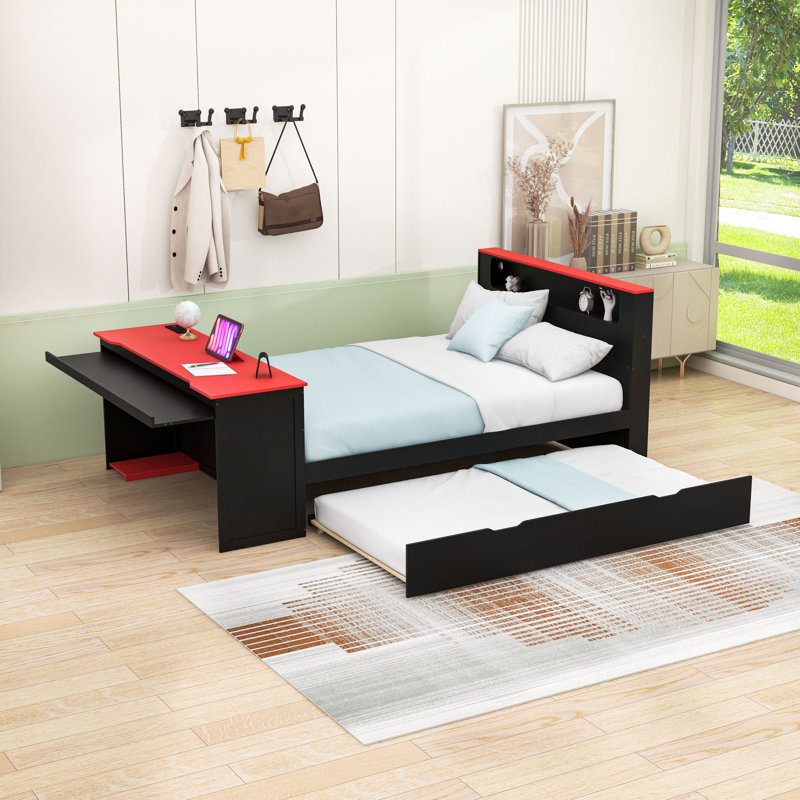 Lit plateforme multifonctionnel avec bande lumineuse à DEL, bureau intégré et lit gigogne, Lit double, Noir / Rouge