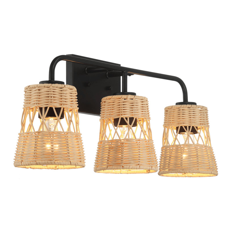 Moonlit Three Lights Wall Sconce With Rattan Shade, Bathroom Lighting Fixtures Over Mirror