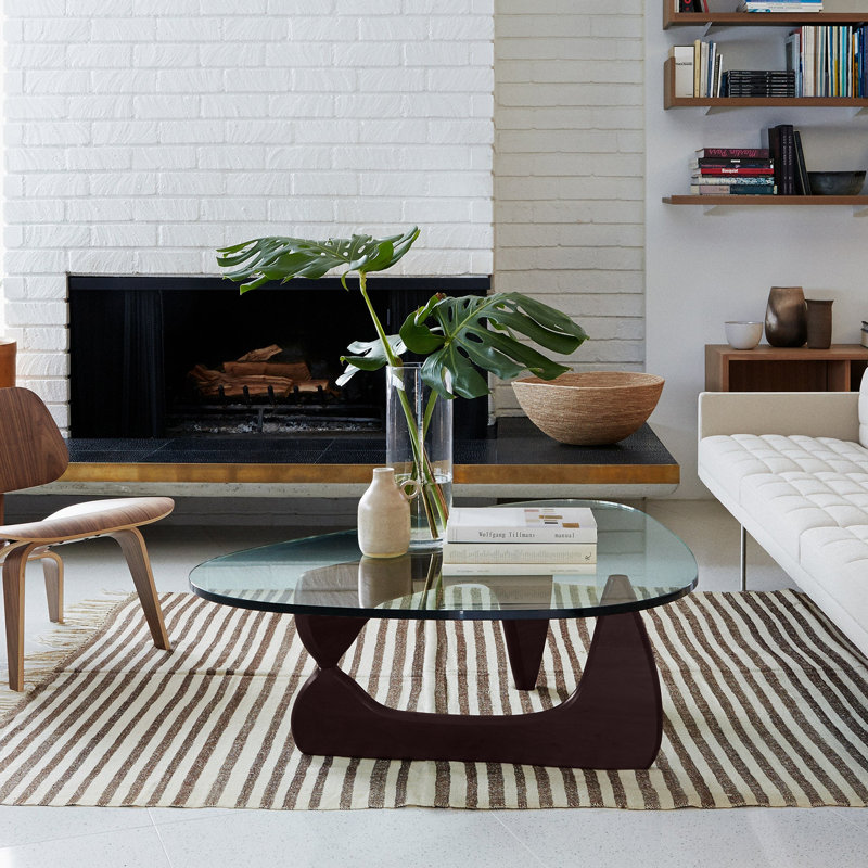 Triangle Glass Coffee Table with Wooden Base Clear Glass Top Mid-Century Abstract Glass Table, Dark Brown