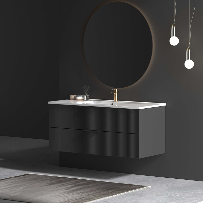 Meuble-lavabo 48 po avec lavabo en céramique - meuble-lavabo mural flottant mural avec tiroirs, noir