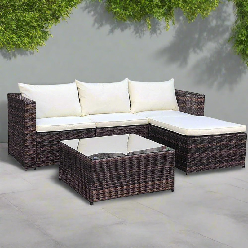 17 Stories Outdoor Rattan Garden Furniture Set Brown Robette Conservatory Patio Sofa coffee table, Brown, Cream