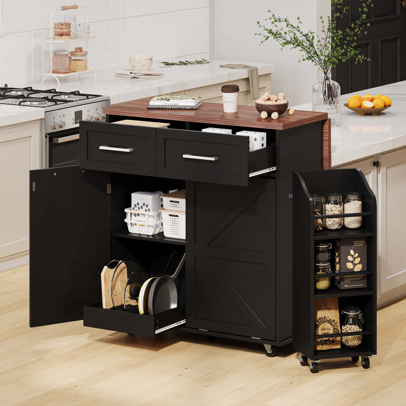 Îlot de cuisine 47,2 po avec abattant, supports latéraux amovibles, 2 tiroirs et porte-serviettes 47,2 po, Noir
