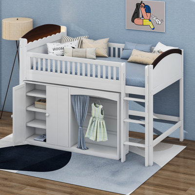 Lit mezzanine en bois avec armoire de rangement, garde-robe et lumières DEL - Lit de rangement tout-en-un avec éclairage