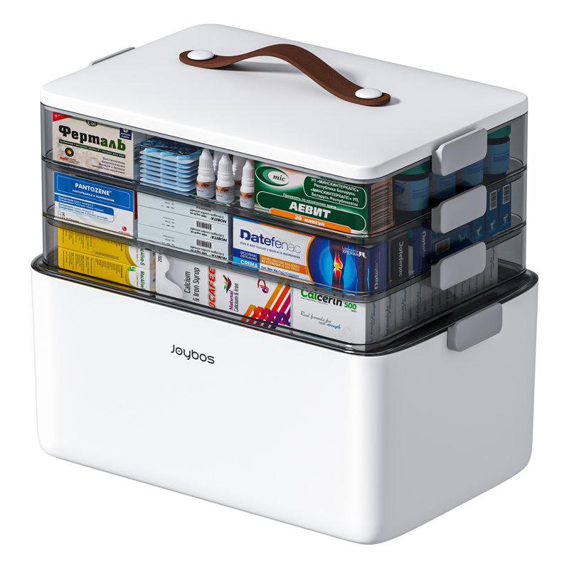 Boîte de rangement pour médicaments Joybos transparente à 4 niveaux avec poignée, organisateur de rangement médical portable grande capacité pour pilules, flacons de médicaments, vitamines et fournitures de premiers soins