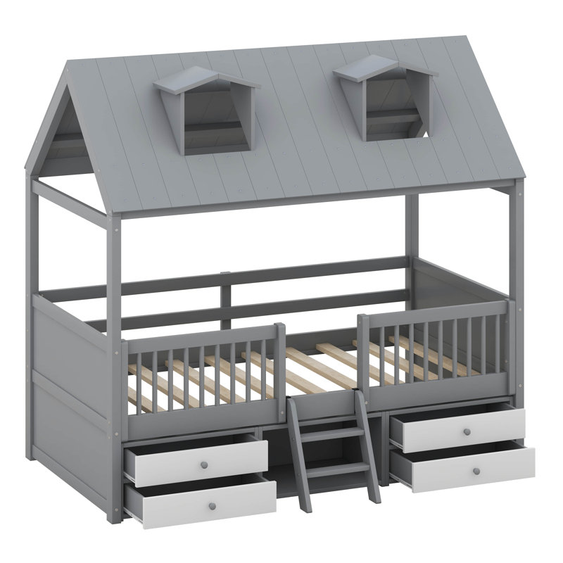 Queshon Solid Wood House Storage Bed, Twin, Gray