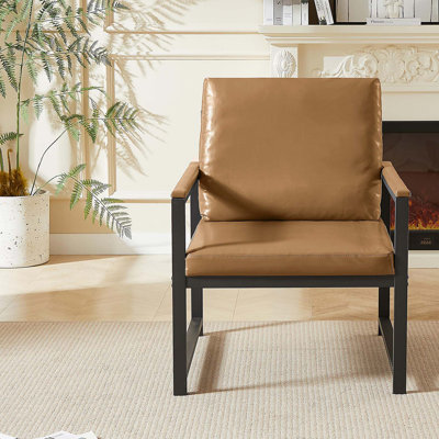 Fauteuil en tissu Tech, fauteuil d'appoint de loisirs rétro avec coussin et coussin extra doux, accoudoirs en métal, fauteuil de lecture moderne avec structure en métal noir pour le salon / bureau / chambre à coucher / bureau, chameau