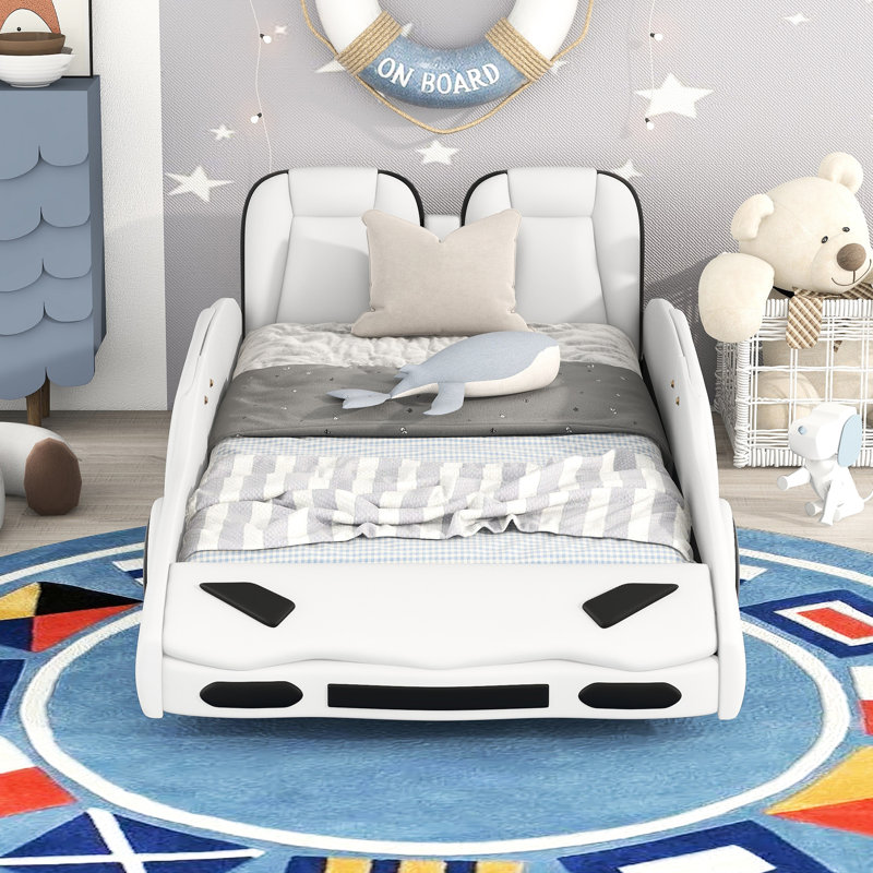 Lit plateforme blanc voiture de course simple - et option de repos gracieuse en forme de voiture avec roulettes
