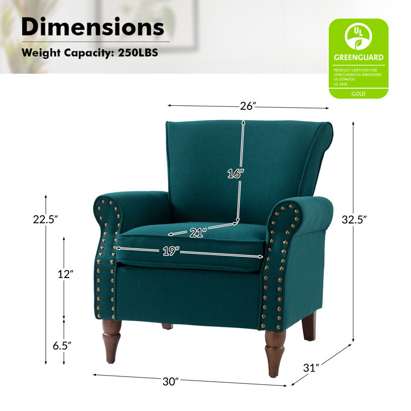 Fauteuil rembourré avec pieds en bois massif Mooresville, Polyester sarcelle