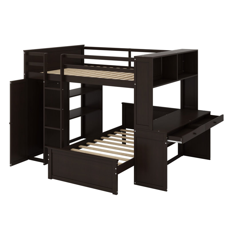 Lit mezzanine peu encombrant avec lit autonome, bureau intégré, garde-robe et tablettes, Espresso