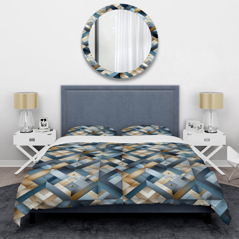 Natural Tones Grey And Beige Mosaic Geometric Shapes Duvet Cover, Twin Duvet Cover + 1 Standard Sham, Geometric Shapes 12