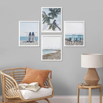 «Surfboard Tropical Palm Tree Beach Shore», reproduction encadrée de 4 pièces