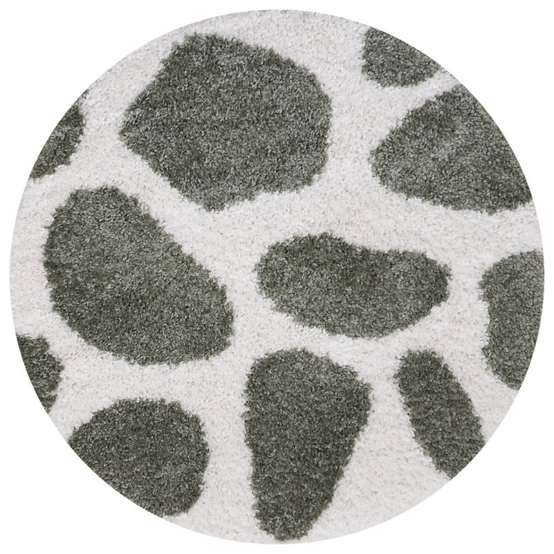 Moodi Modern Shaggy Area Rug Abstract Pebble Design, Round 120 cm, Off-White/Green