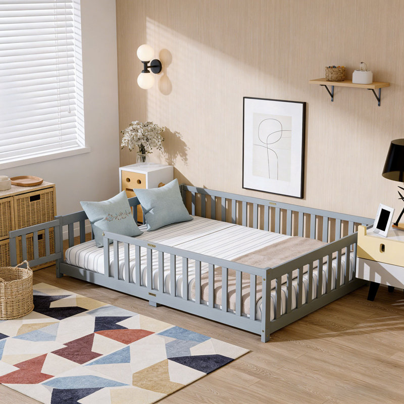 Queen Size Floor Bed with Fence,Door,Rubber Wood Floor Bed with Safety Guardrails, Full, Gray