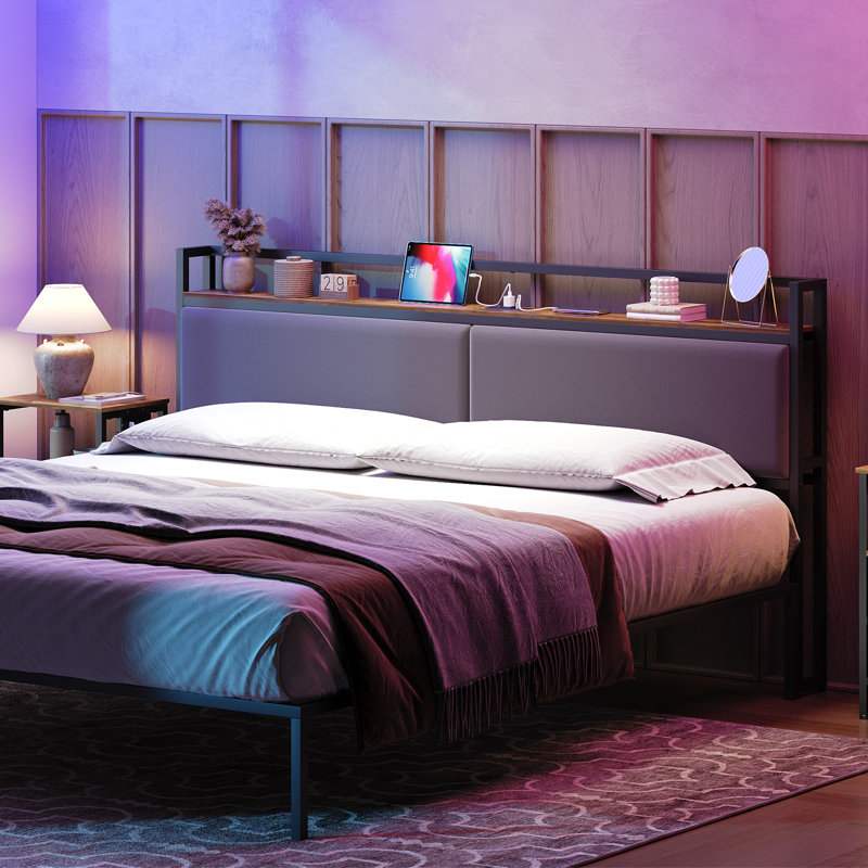 Upholstered Headboard with Charging Station and Open Storage, King