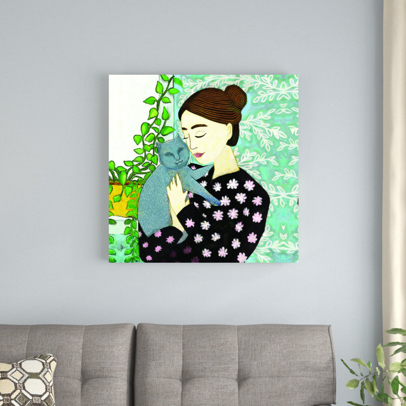 Chat et dame, reproduction sur toile, H 30 po x l 30 po