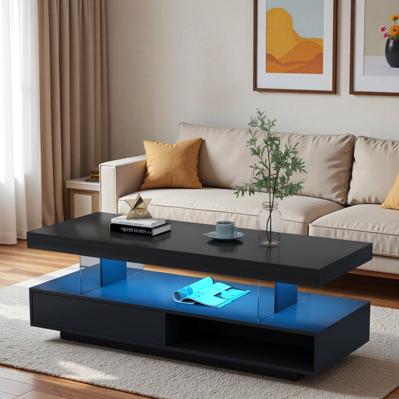 Table basse moderne à finition ultrabrillante avec 2 tiroirs, tablettes et lumières à DEL, Black