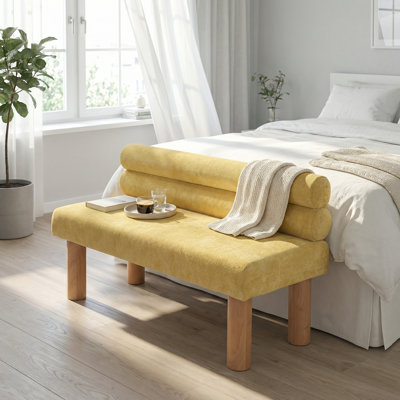 Banc de salle à manger rembourré avec pieds en bois d'hévéa pour entrée, salle à manger, chambre à coucher et salon, revêtement en tissu jaune, capacité de poids de 300 lb