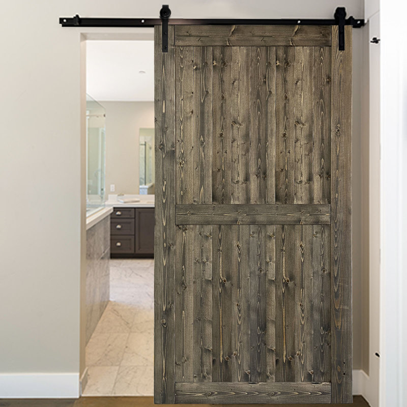 Porte de grange en bois massif brun avec trousse de quincaillerie d'installation, 42 po x 84 po
