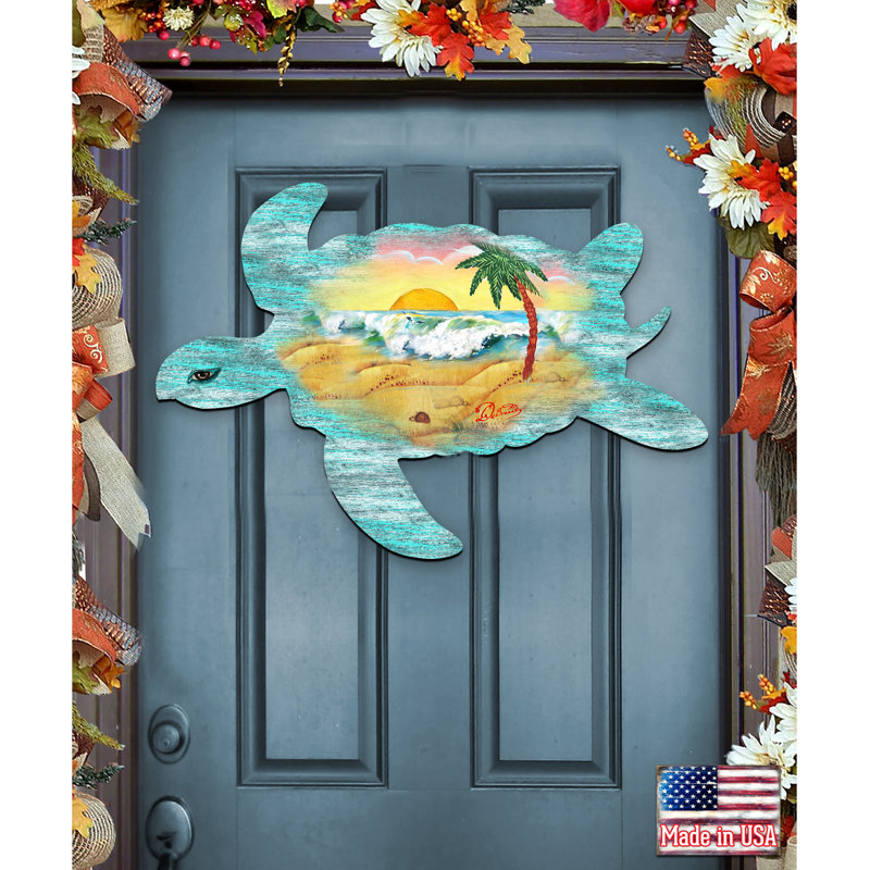 Designocracy Turtle Scenic Beach Waves Wooden Decorative Door Hanger ...