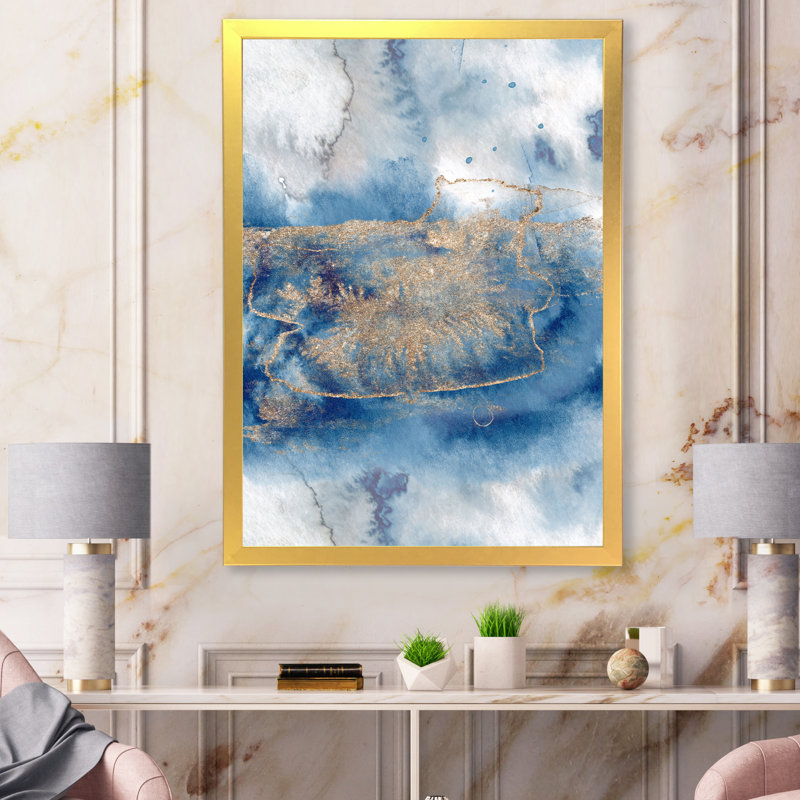 Abstrait classique bleu et or I - peinture sur toile, H 20 po x l 12 po, Cadre doré à coins fermés