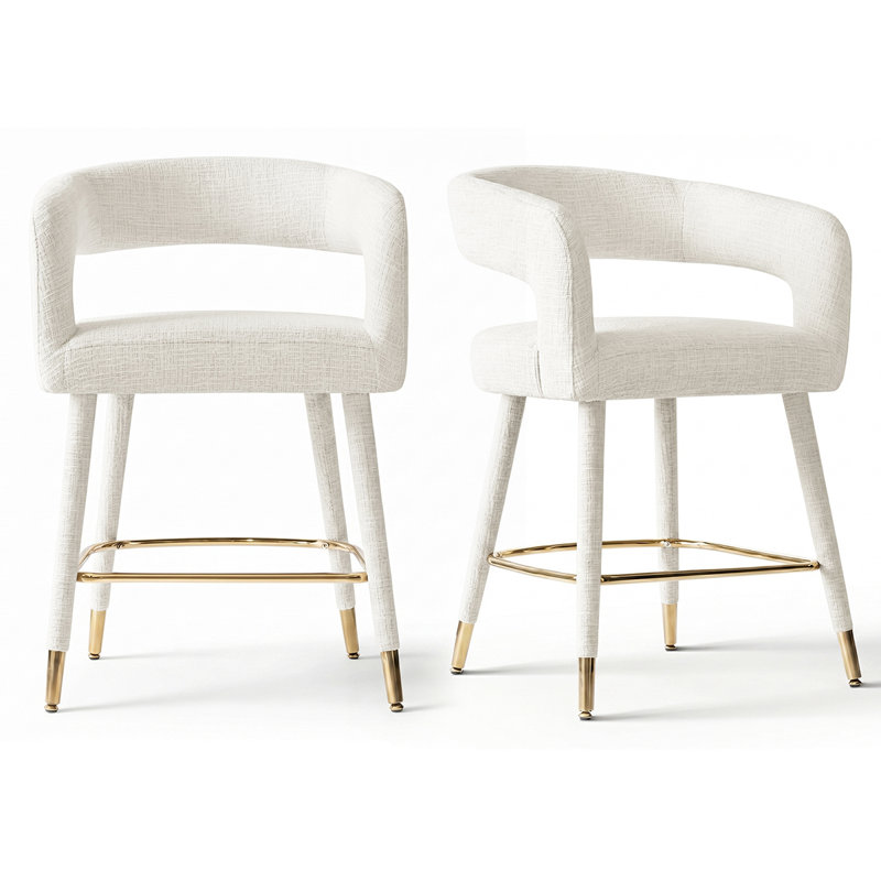 Tabouret de bar à dossier arrondi de 61 cm (24 po) recouvert de chenille avec repose-pieds doré, Blanc cassé