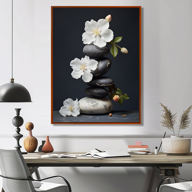 Décoration murale zen sérénité fleurs blanches pierre noire Cairn I - Pierre spirituelle, H 20 po x l 12 po x P 1 po