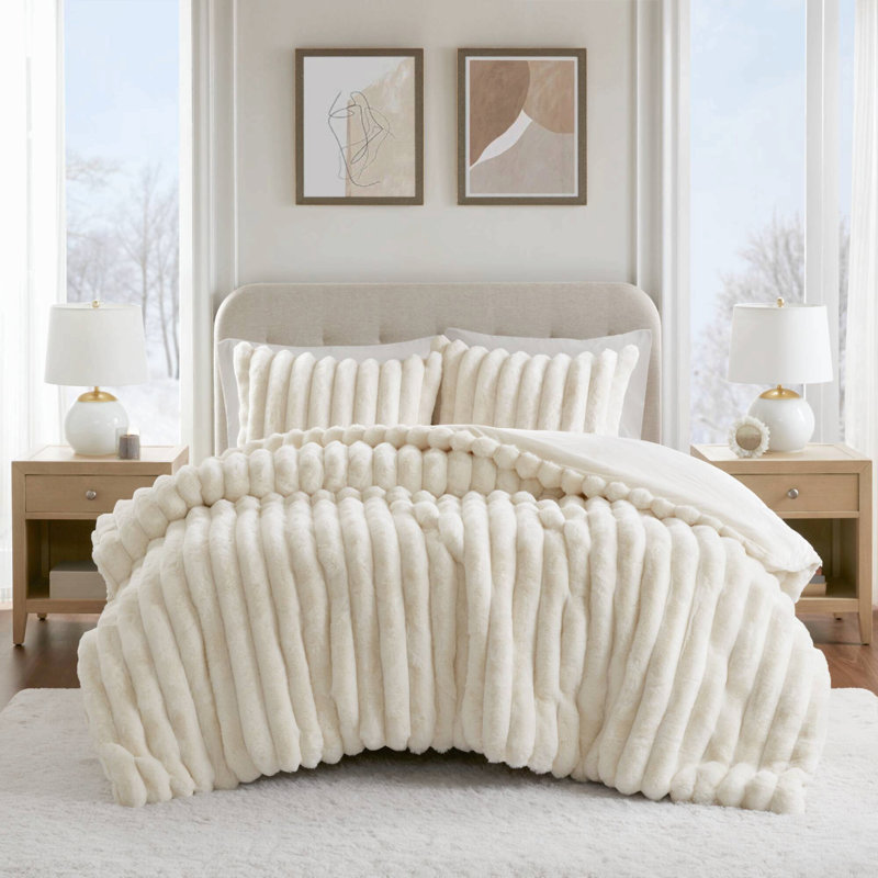 Faux Fur Comforter, Full/Queen Comforter + 2 Shams, Ivory