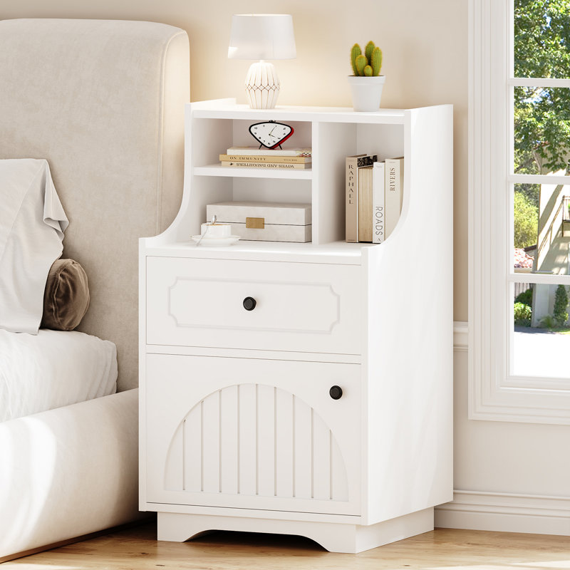 Modern Farmhouse Nightstand With shelves, White