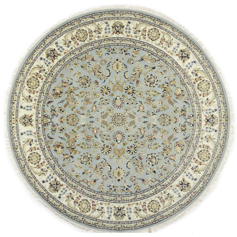 Tapis oriental rond bleu indo-nain floral fait à la main 8 x 8 | Taille exacte: 7 pi 11 po x 7 pi 11 po, Rond 8 pi x 8 pi
