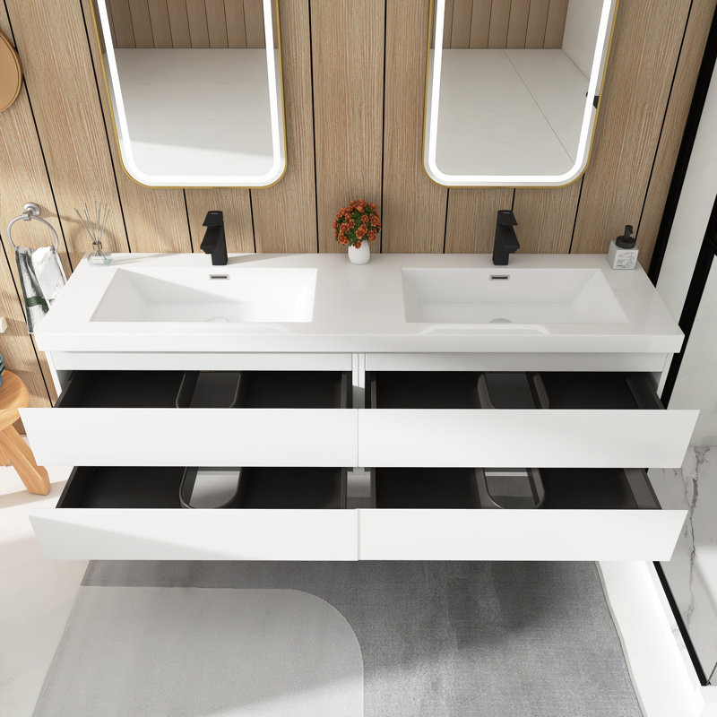 Kimie 72'' Wall Mounted Double Bathroom Vanity with Cultured Marble Top, White