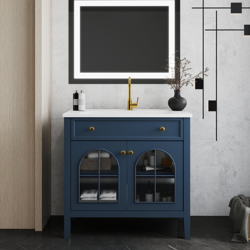 36"Mid-Century Bathroom Vanity with Motion-Sensor Light & Patterned Glass,Farmhouse Sink Cabinet with Storage, High-End Restroom Vanity