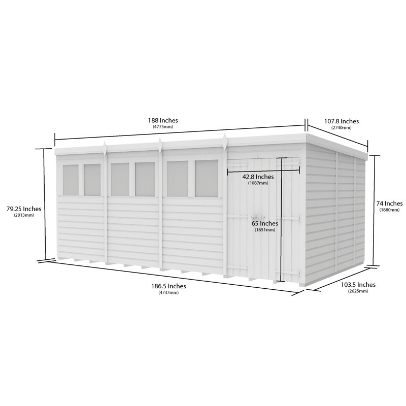 Total Sheds 16ft x 9ft Pent Garden Shed - Double Door - With Windows - Pressure Treated Timber - UK Manufactured
