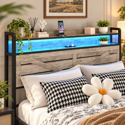 Somnus Queen-Size Metal Storage Bed Frame With Led Headboard & 12 Drawers