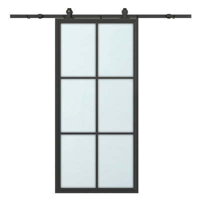 36 po X 84 po Porte de grange coulissante intérieure en verre noir givré 6-Lite avec trousse de quincaillerie