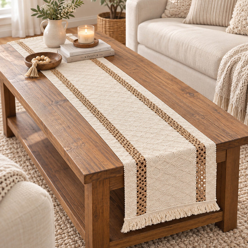 90" Boho Cotton Linen Table Runner with Tassel Fringe