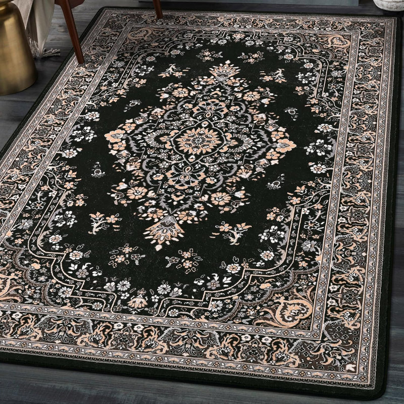 Delcine Washable Floral Indoor Rug, Rectangle 5' x 7', Black/Gray
