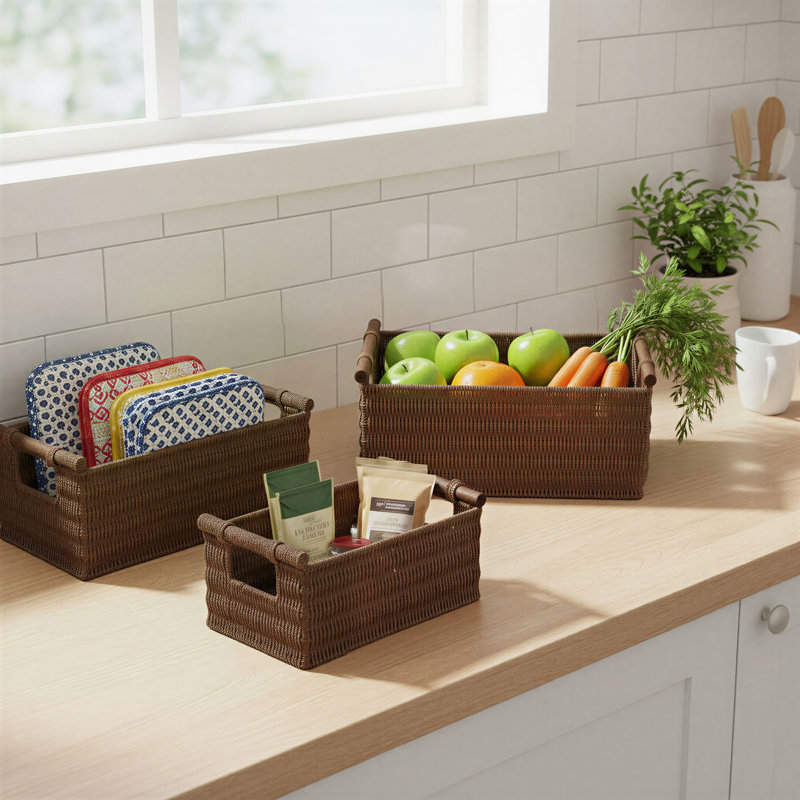 Chebeague Decorative Woven Baskets, Paper Rope with Wood Handles, Sturdy Metal Frame, Small, Medium and Large, Brown
