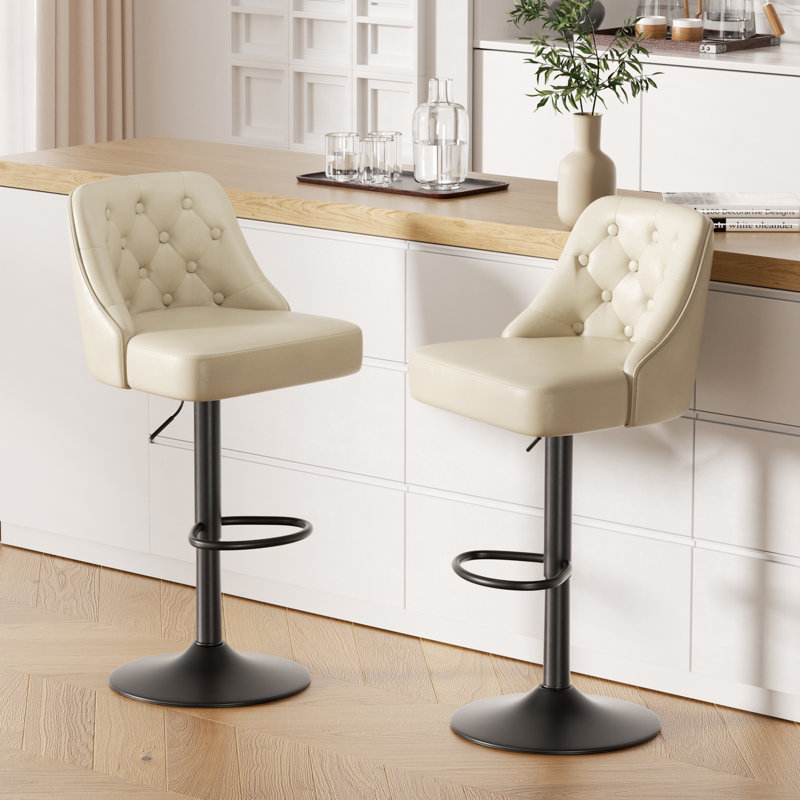 360-Degree Rotatable Faux Leather Bar Stool With Button Stitching, Beige