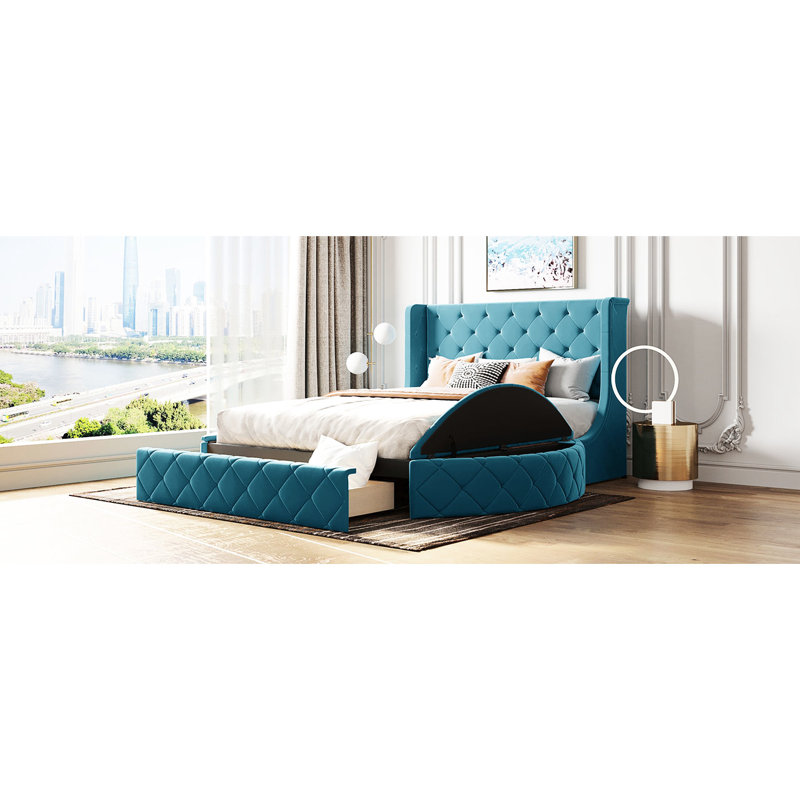 Upholstered Platform Bed With Wingback Headboard And Drawer, Blue