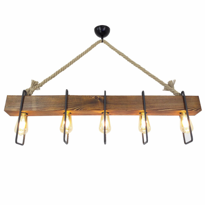 Lustre rustique fait à la main, pin massif, 39,4 x 4,3 x 21,7 pouces | 5 x douilles E27 de 40 W maximum, IP20 | Élégantes couleurs noyer, noir et beige | Parfait pour les décors modernes et fantaisistes, ajoute élégance et chaleur