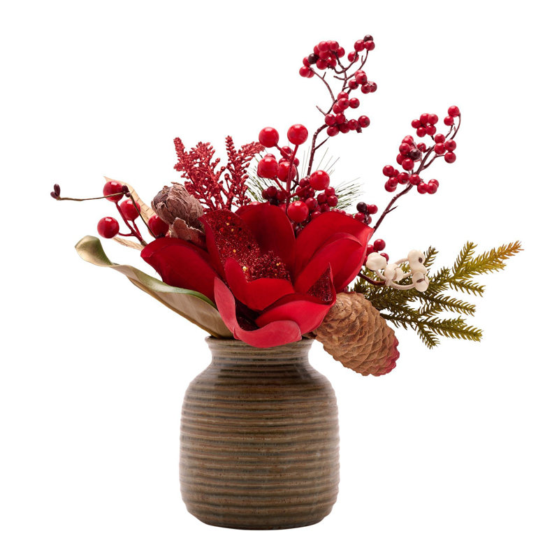 Artificial Magnolia & Red Berries in Pot