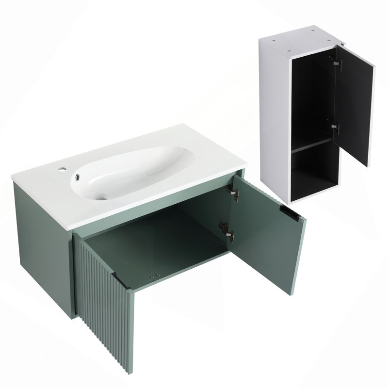 Meuble-lavabo flottant 36 po avec lavabo en résine en forme de goutte, armoire latérale et portes à fermeture douce, armoire combinée (emballage KD)